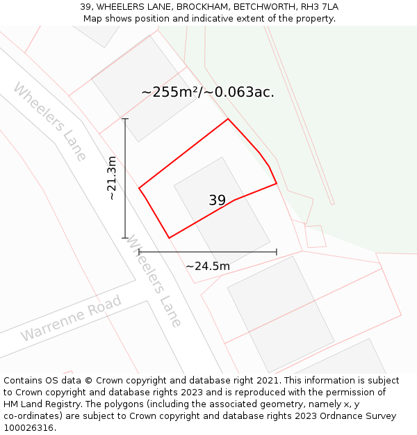 39, WHEELERS LANE, BROCKHAM, BETCHWORTH, RH3 7LA: Plot and title map