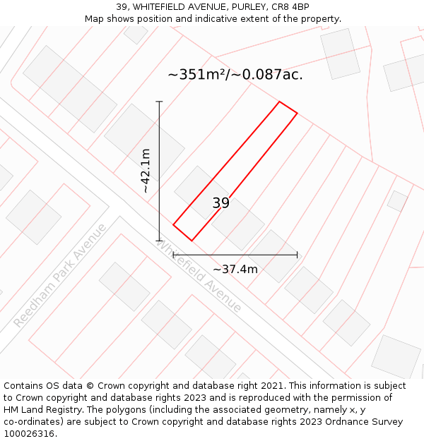 39, WHITEFIELD AVENUE, PURLEY, CR8 4BP: Plot and title map