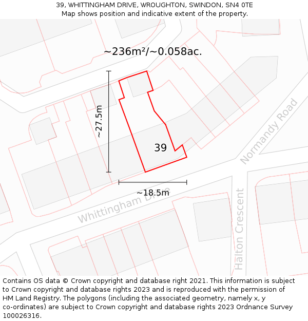 39, WHITTINGHAM DRIVE, WROUGHTON, SWINDON, SN4 0TE: Plot and title map