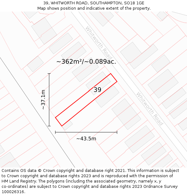 39, WHITWORTH ROAD, SOUTHAMPTON, SO18 1GE: Plot and title map
