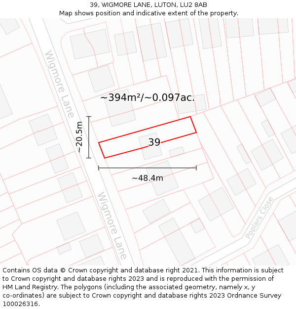 39, WIGMORE LANE, LUTON, LU2 8AB: Plot and title map