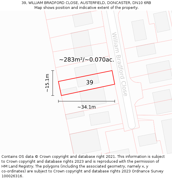 39, WILLIAM BRADFORD CLOSE, AUSTERFIELD, DONCASTER, DN10 6RB: Plot and title map