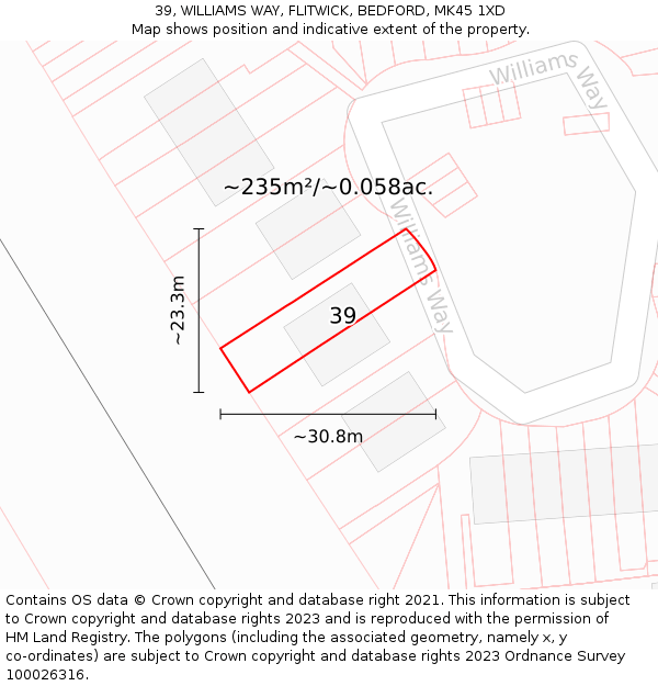39, WILLIAMS WAY, FLITWICK, BEDFORD, MK45 1XD: Plot and title map
