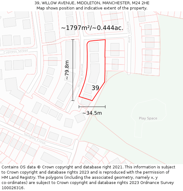 39, WILLOW AVENUE, MIDDLETON, MANCHESTER, M24 2HE: Plot and title map