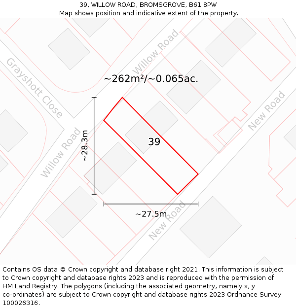 39, WILLOW ROAD, BROMSGROVE, B61 8PW: Plot and title map