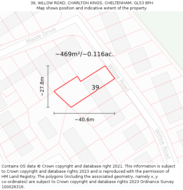 39, WILLOW ROAD, CHARLTON KINGS, CHELTENHAM, GL53 8PH: Plot and title map