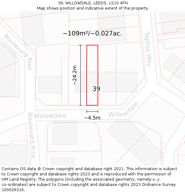 39, WILLOWDALE, LEEDS, LS10 4FN: Plot and title map