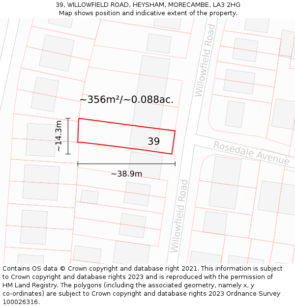 39, WILLOWFIELD ROAD, HEYSHAM, MORECAMBE, LA3 2HG: Plot and title map
