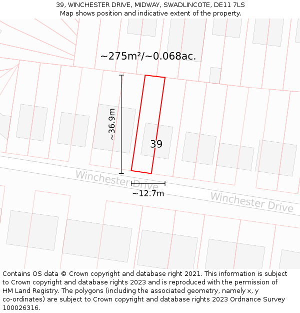 39, WINCHESTER DRIVE, MIDWAY, SWADLINCOTE, DE11 7LS: Plot and title map