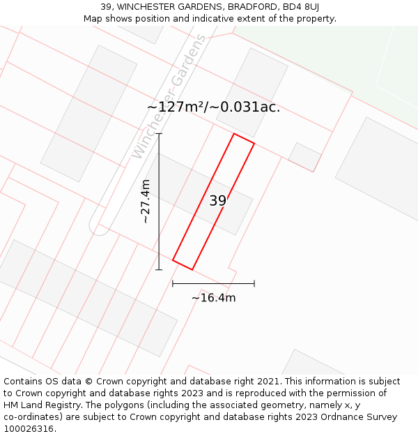 39, WINCHESTER GARDENS, BRADFORD, BD4 8UJ: Plot and title map