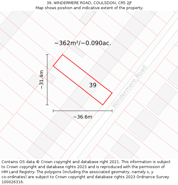 39, WINDERMERE ROAD, COULSDON, CR5 2JF: Plot and title map