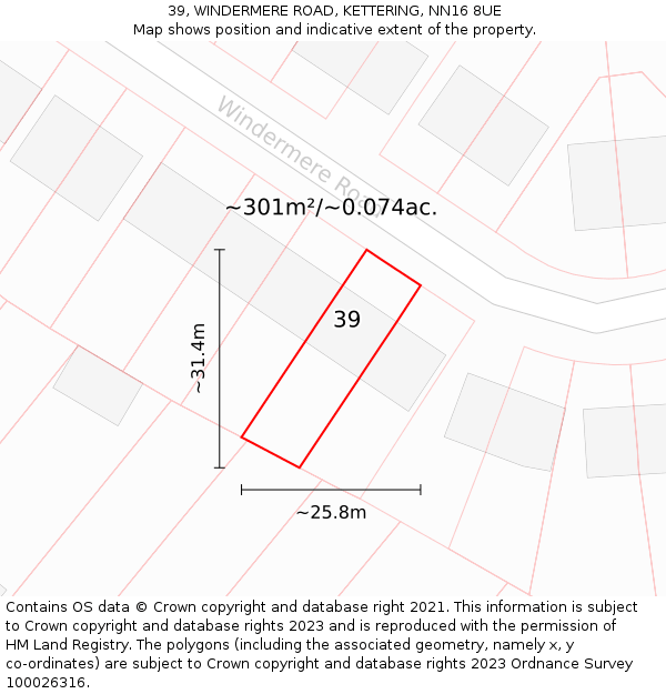 39, WINDERMERE ROAD, KETTERING, NN16 8UE: Plot and title map