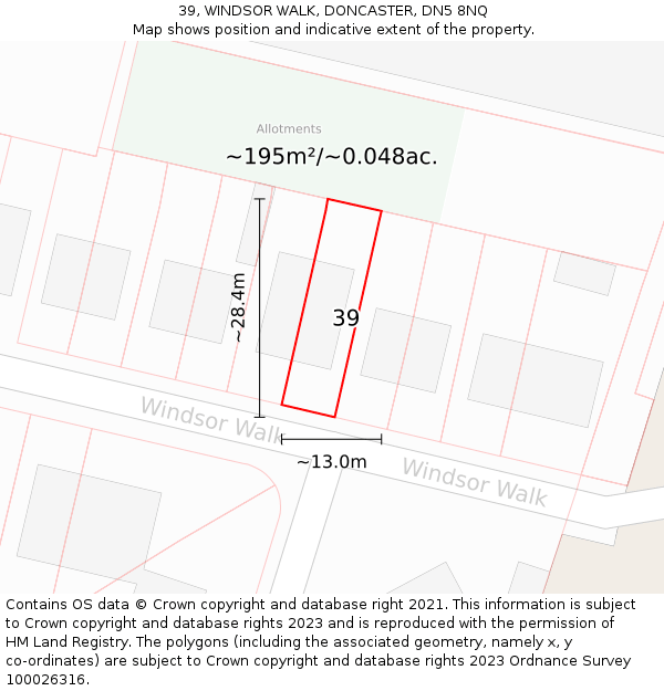 39, WINDSOR WALK, DONCASTER, DN5 8NQ: Plot and title map