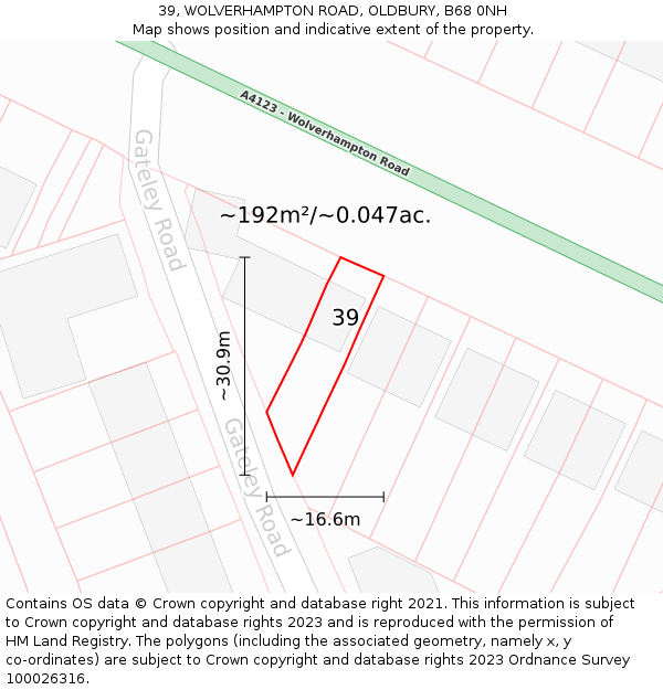 39, WOLVERHAMPTON ROAD, OLDBURY, B68 0NH: Plot and title map