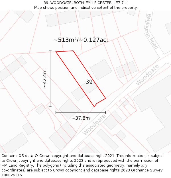 39, WOODGATE, ROTHLEY, LEICESTER, LE7 7LL: Plot and title map