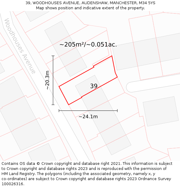 39, WOODHOUSES AVENUE, AUDENSHAW, MANCHESTER, M34 5YS: Plot and title map