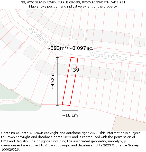 39, WOODLAND ROAD, MAPLE CROSS, RICKMANSWORTH, WD3 9ST: Plot and title map