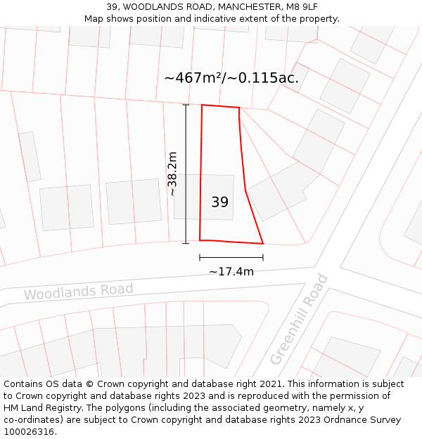 39, WOODLANDS ROAD, MANCHESTER, M8 9LF: Plot and title map