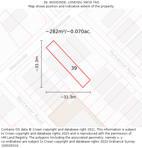 39, WOODSIDE, LONDON, SW19 7AG: Plot and title map