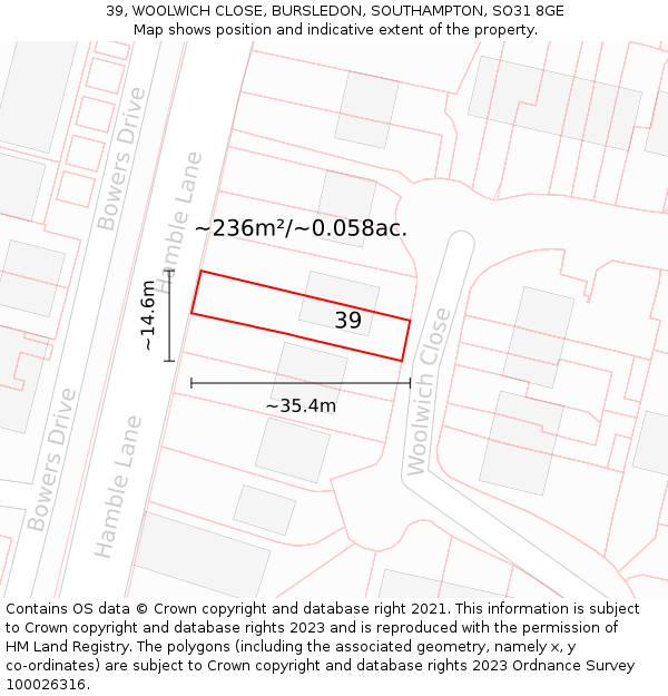 39, WOOLWICH CLOSE, BURSLEDON, SOUTHAMPTON, SO31 8GE: Plot and title map
