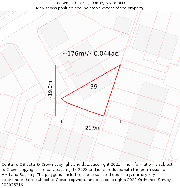 39, WREN CLOSE, CORBY, NN18 8FD: Plot and title map