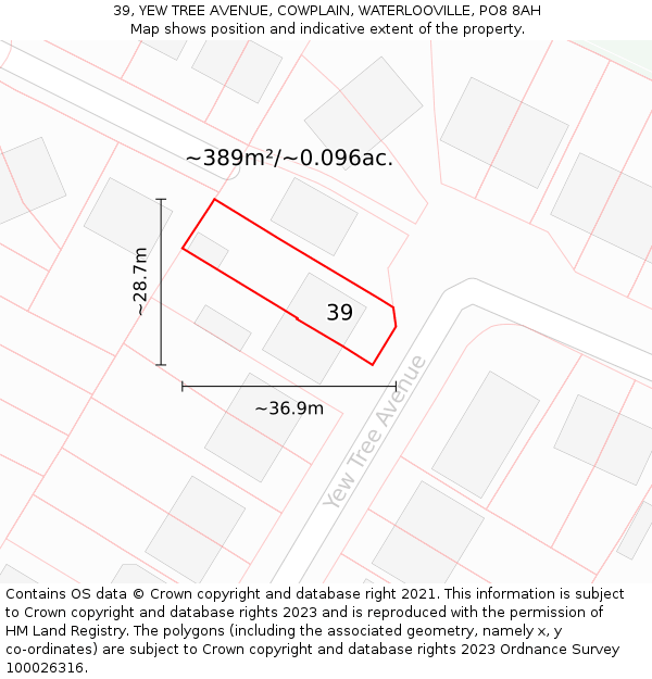 39, YEW TREE AVENUE, COWPLAIN, WATERLOOVILLE, PO8 8AH: Plot and title map