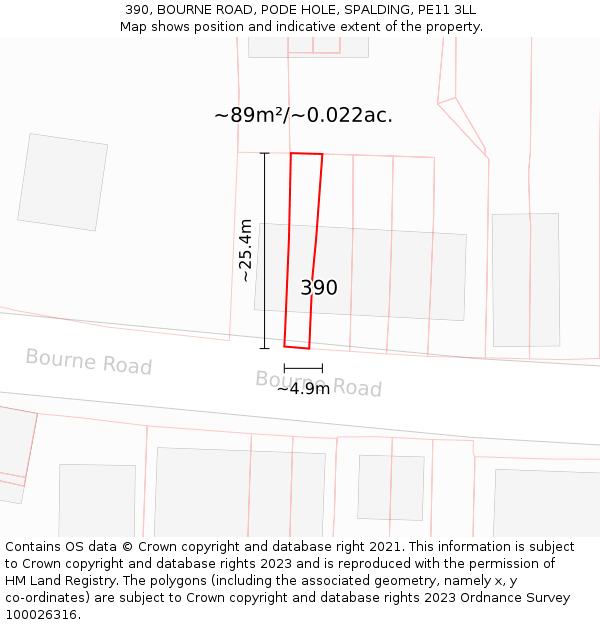 390, BOURNE ROAD, PODE HOLE, SPALDING, PE11 3LL: Plot and title map
