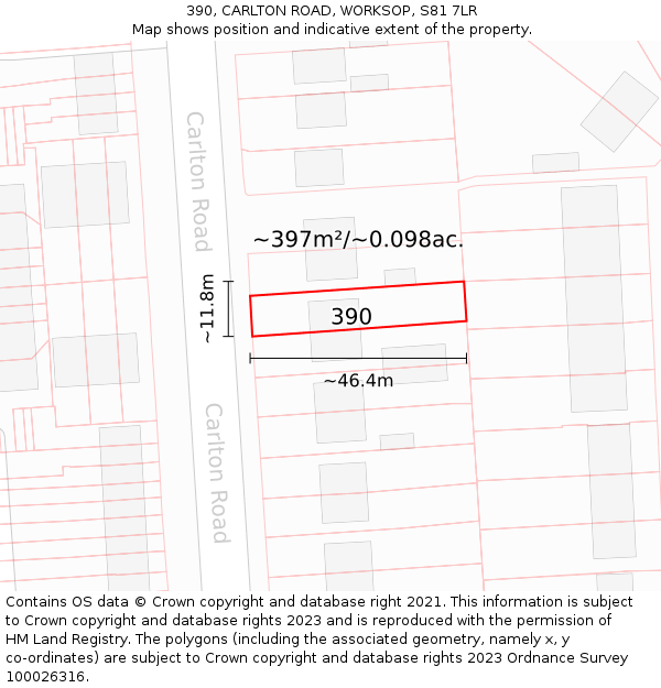 390, CARLTON ROAD, WORKSOP, S81 7LR: Plot and title map