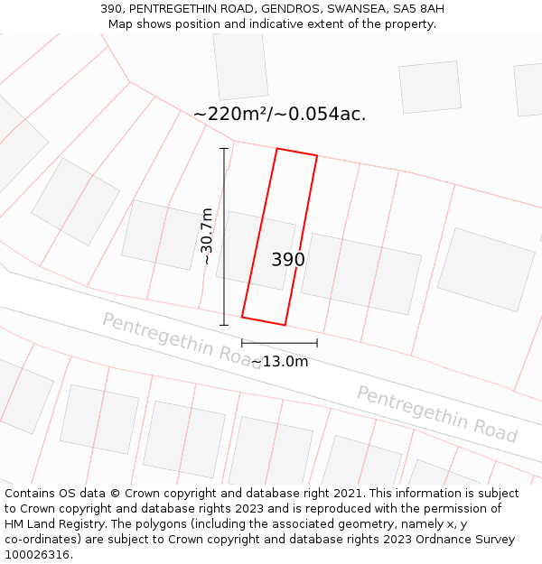 390, PENTREGETHIN ROAD, GENDROS, SWANSEA, SA5 8AH: Plot and title map