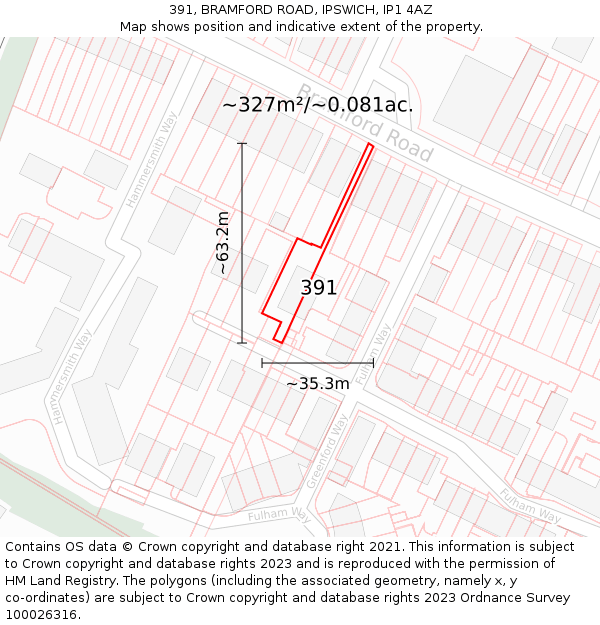 391, BRAMFORD ROAD, IPSWICH, IP1 4AZ: Plot and title map