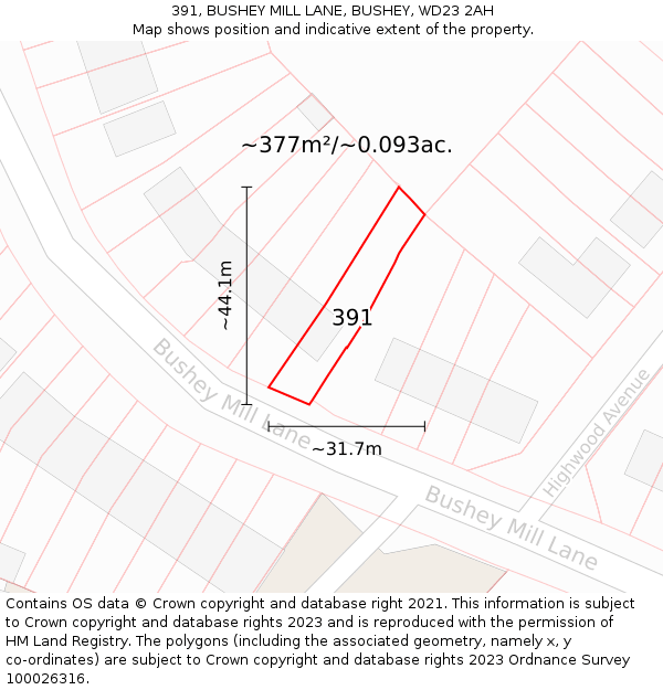 391, BUSHEY MILL LANE, BUSHEY, WD23 2AH: Plot and title map