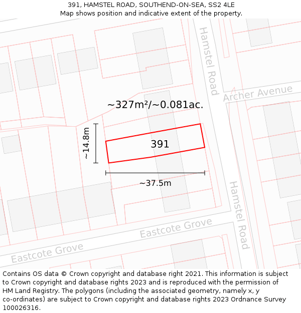 391, HAMSTEL ROAD, SOUTHEND-ON-SEA, SS2 4LE: Plot and title map