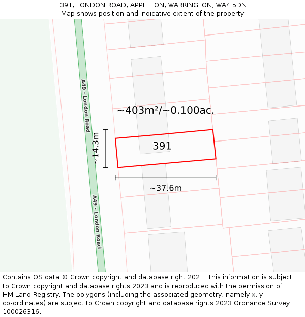 391, LONDON ROAD, APPLETON, WARRINGTON, WA4 5DN: Plot and title map