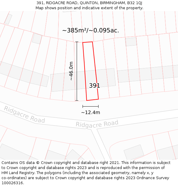 391, RIDGACRE ROAD, QUINTON, BIRMINGHAM, B32 1QJ: Plot and title map