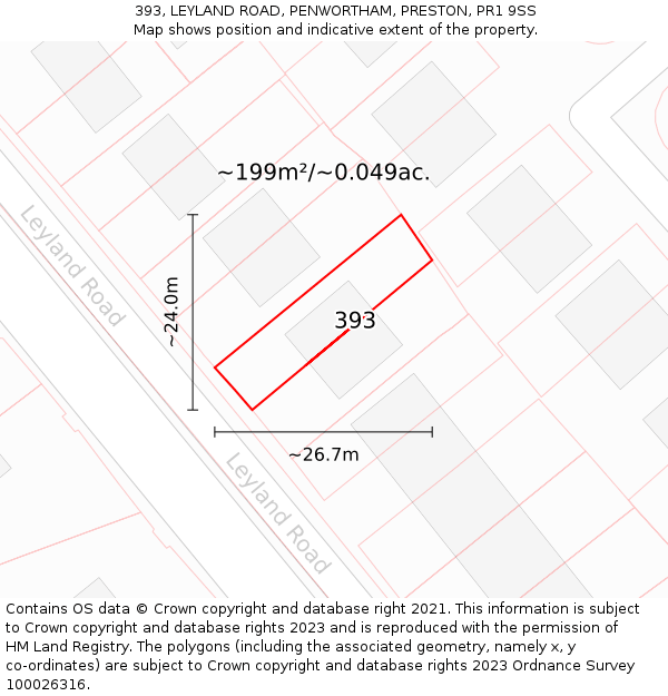 393, LEYLAND ROAD, PENWORTHAM, PRESTON, PR1 9SS: Plot and title map