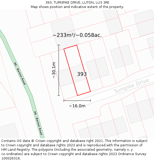 393, TURNPIKE DRIVE, LUTON, LU3 3RE: Plot and title map