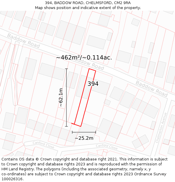 394, BADDOW ROAD, CHELMSFORD, CM2 9RA: Plot and title map