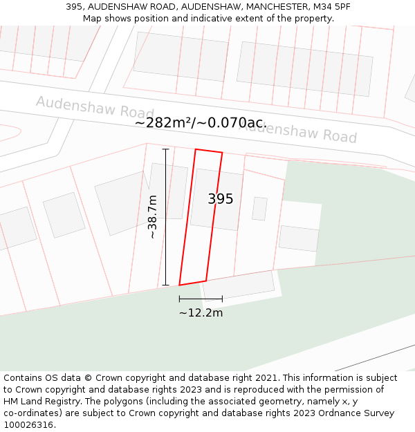 395, AUDENSHAW ROAD, AUDENSHAW, MANCHESTER, M34 5PF: Plot and title map