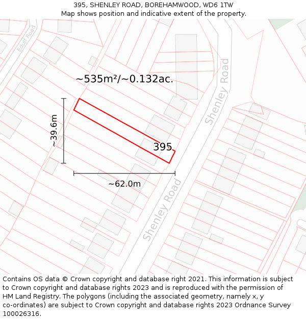 395, SHENLEY ROAD, BOREHAMWOOD, WD6 1TW: Plot and title map