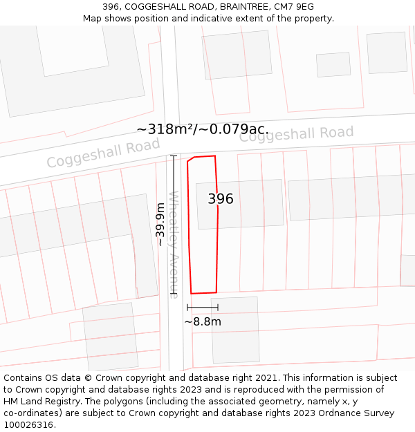 396, COGGESHALL ROAD, BRAINTREE, CM7 9EG: Plot and title map