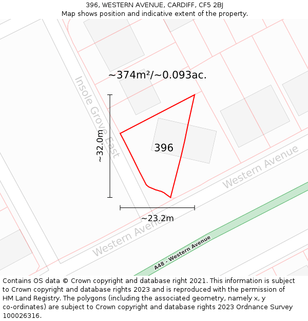 396, WESTERN AVENUE, CARDIFF, CF5 2BJ: Plot and title map