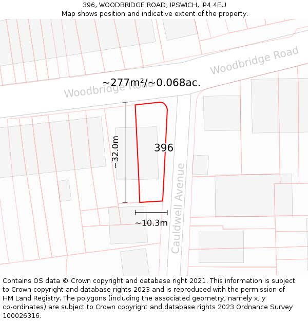 396, WOODBRIDGE ROAD, IPSWICH, IP4 4EU: Plot and title map