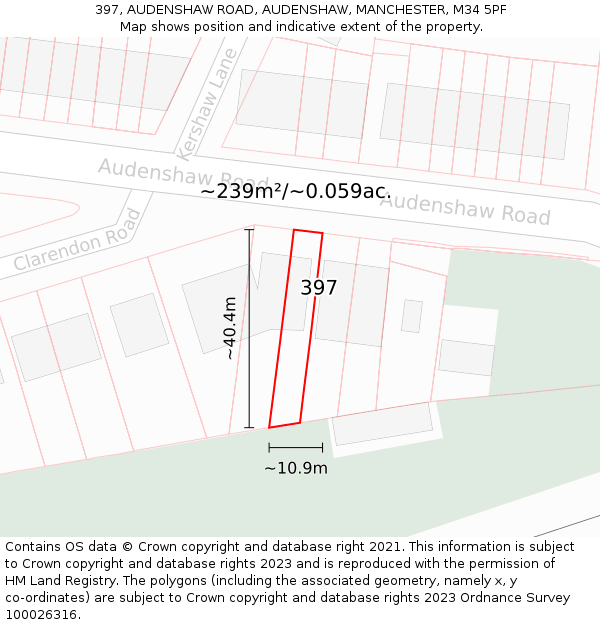 397, AUDENSHAW ROAD, AUDENSHAW, MANCHESTER, M34 5PF: Plot and title map
