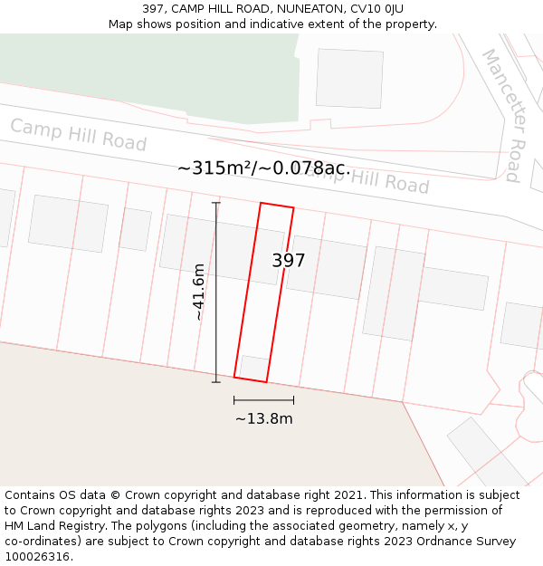 397, CAMP HILL ROAD, NUNEATON, CV10 0JU: Plot and title map