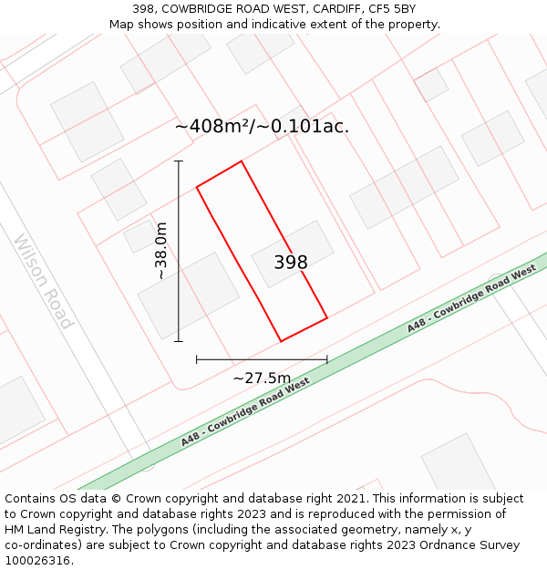 398, COWBRIDGE ROAD WEST, CARDIFF, CF5 5BY: Plot and title map