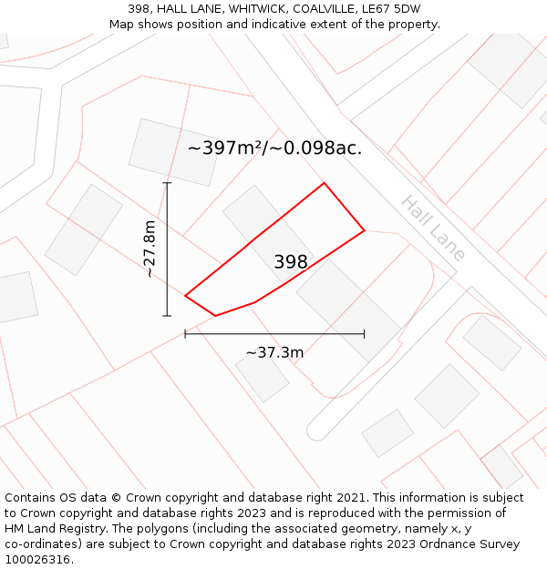 398, HALL LANE, WHITWICK, COALVILLE, LE67 5DW: Plot and title map