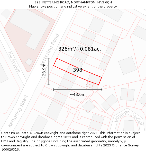 398, KETTERING ROAD, NORTHAMPTON, NN3 6QH: Plot and title map