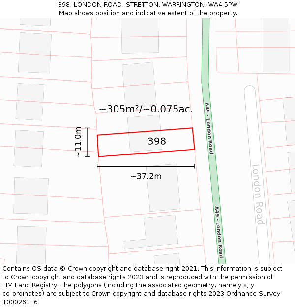 398, LONDON ROAD, STRETTON, WARRINGTON, WA4 5PW: Plot and title map