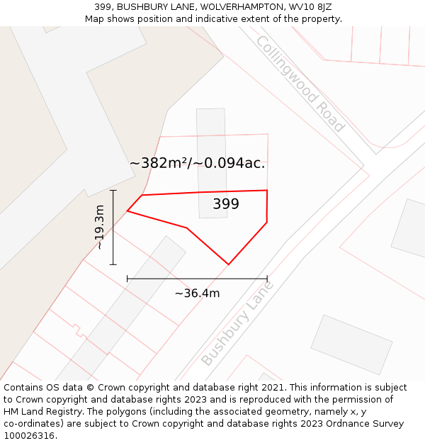 399, BUSHBURY LANE, WOLVERHAMPTON, WV10 8JZ: Plot and title map