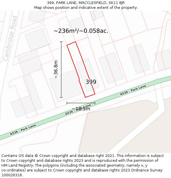 399, PARK LANE, MACCLESFIELD, SK11 8JR: Plot and title map